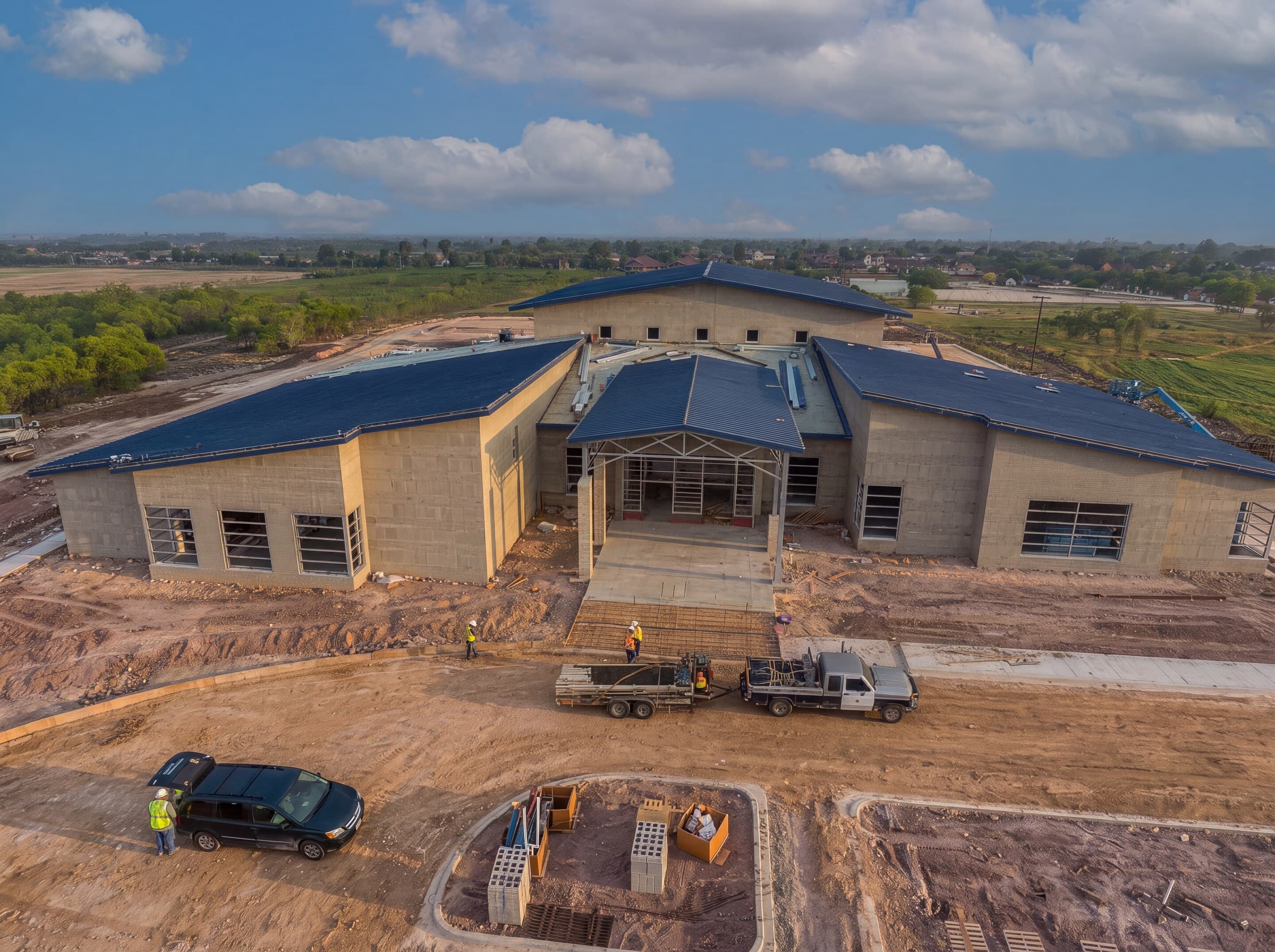 Aerial view of a Holchemont commercial building under construction in the Rio Grande Valley, with its blue roof going on.